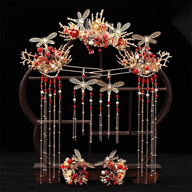 qfdian Chinese Long Hair Stick tiara Headpiece Women Hair Accessories Flower Crystal Pearl Hair Pins Handmade Hanfu Hair Jewelry Set