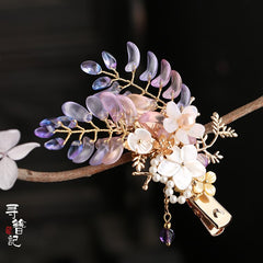 Qfdian  Handmade Wisteria flower Hair Clip Kanzashi Hair accessories Hanfu headdress Ancient style Pearl Hairpin Gradient Duckbill clip