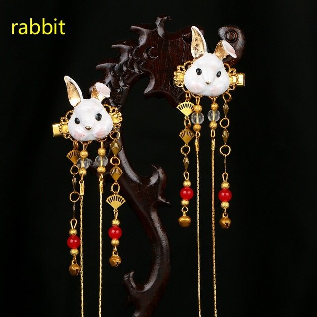 qfdian 2 Piece Animal Fringe Hair Accessories Han Elemental Headdress Hanfu Accessories Cute Girl Heart Fox Hairpin