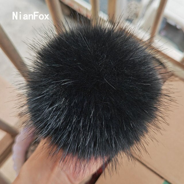 Qfdian dorm decoration ideas 1PC Fluffy Faux Fox fur 12CM Pompoms Pom-Poms with Press Stud/Button or Elastic Loop for Beanie knitting Hats DIY Accessorsories