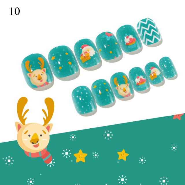 Qfdian Christmas 24PCS Christmas False Nail Tips with Glue Press On Children Cartoon Full Cover Kid Fake Nails for Manicure Tips Nail Art Decor