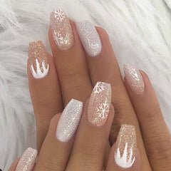 Qfdian valentines day gifts for her  24Pcs French False Nail Snowflake Elk Designs Acrylic Full Cover Stiletto Fake Nails Press On Nail Removable DIY Nail Art