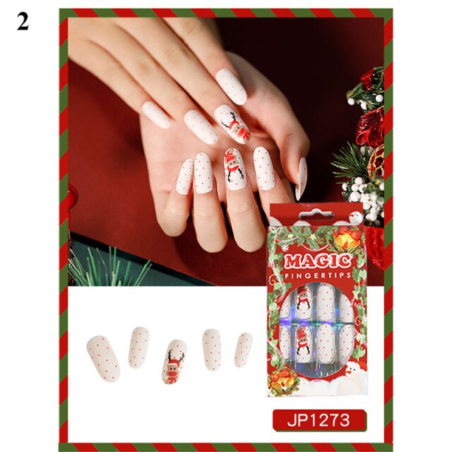 Qfdian Christmas decor ideas Christmas Press on nails Christmas Coffin False Nails Fake nail with design Detachable Wearable Ballerina Fake Nails Full Cover Nail Tips