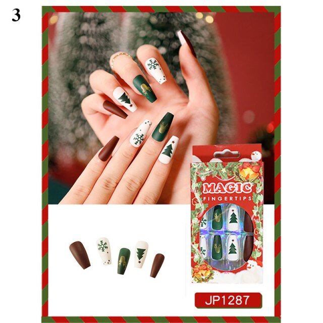 Qfdian Christmas decor ideas Christmas Press on nails Christmas Coffin False Nails Fake nail with design Detachable Wearable Ballerina Fake Nails Full Cover Nail Tips