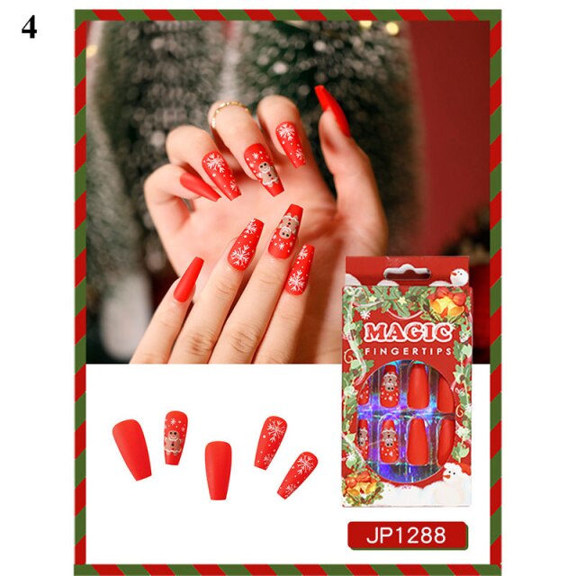 Qfdian Christmas decor ideas Christmas Press on nails Christmas Coffin False Nails Fake nail with design Detachable Wearable Ballerina Fake Nails Full Cover Nail Tips