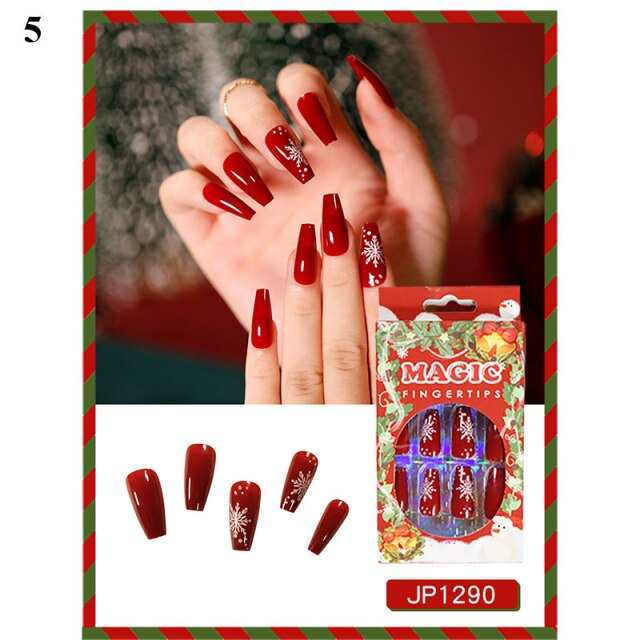 Qfdian Christmas decor ideas Christmas Press on nails Christmas Coffin False Nails Fake nail with design Detachable Wearable Ballerina Fake Nails Full Cover Nail Tips