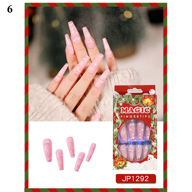 Qfdian Christmas decor ideas Christmas Press on nails Christmas Coffin False Nails Fake nail with design Detachable Wearable Ballerina Fake Nails Full Cover Nail Tips