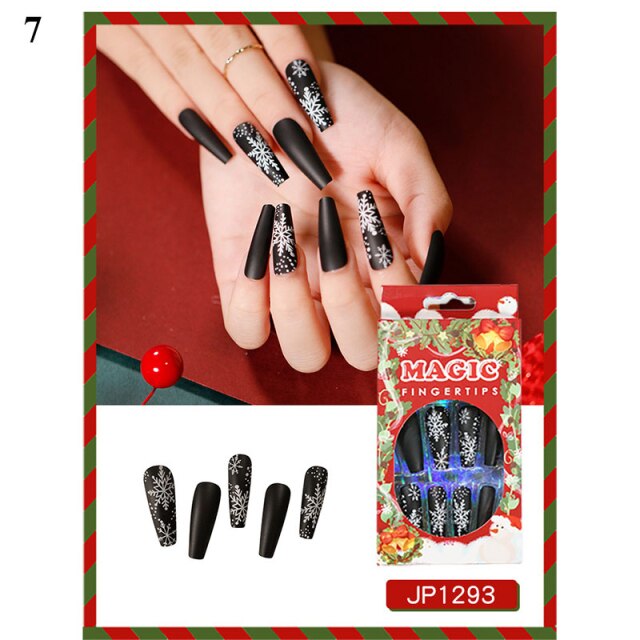 Qfdian Christmas decor ideas Christmas Press on nails Christmas Coffin False Nails Fake nail with design Detachable Wearable Ballerina Fake Nails Full Cover Nail Tips