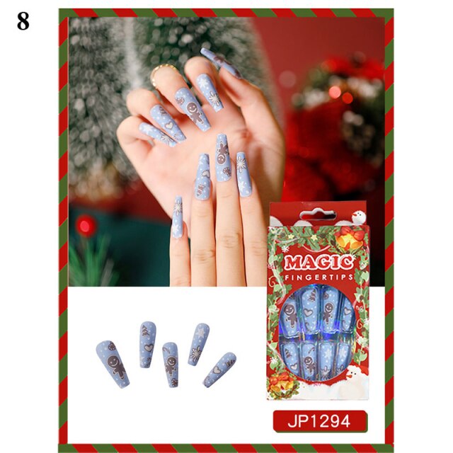 Qfdian Christmas decor ideas Christmas Press on nails Christmas Coffin False Nails Fake nail with design Detachable Wearable Ballerina Fake Nails Full Cover Nail Tips