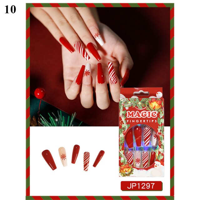 Qfdian Christmas decor ideas Christmas Press on nails Christmas Coffin False Nails Fake nail with design Detachable Wearable Ballerina Fake Nails Full Cover Nail Tips