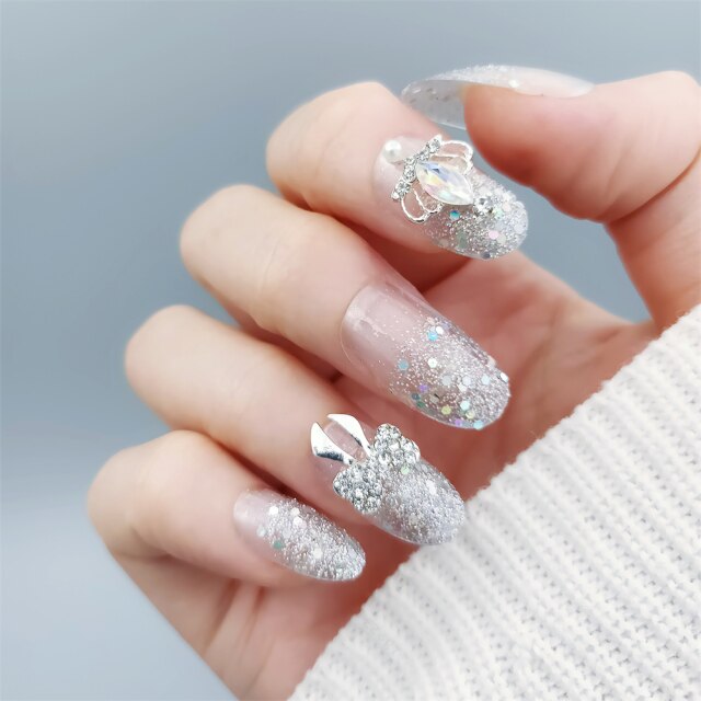 Qfdian Christmas decor ideas gifts for women Press On Nails Art with 3D Design Rhinestone Decoration for Autumn Winter Plastic Fake Nail Tips DIY Set New Year 24pc