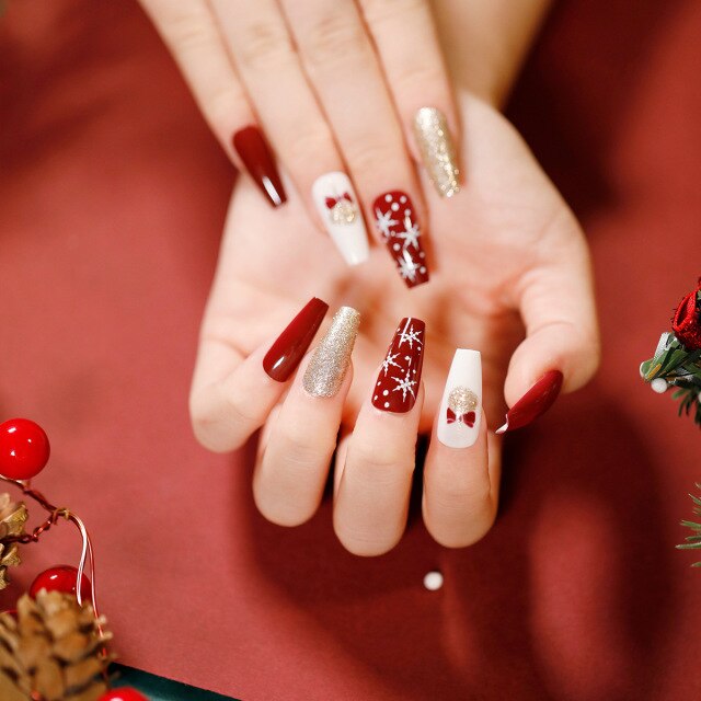 Qfdian Christmas decor ideas gifts for women Press On Nails Art with 3D Design Rhinestone Decoration for Autumn Winter Plastic Fake Nail Tips DIY Set New Year 24pc