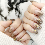 Qfdian valentines day gifts for her Sparkly Fake Nails with Gold Glitter Powder Shining for Party Press On Nail Art New Year Christmas Manicure Accessories Set 24pc