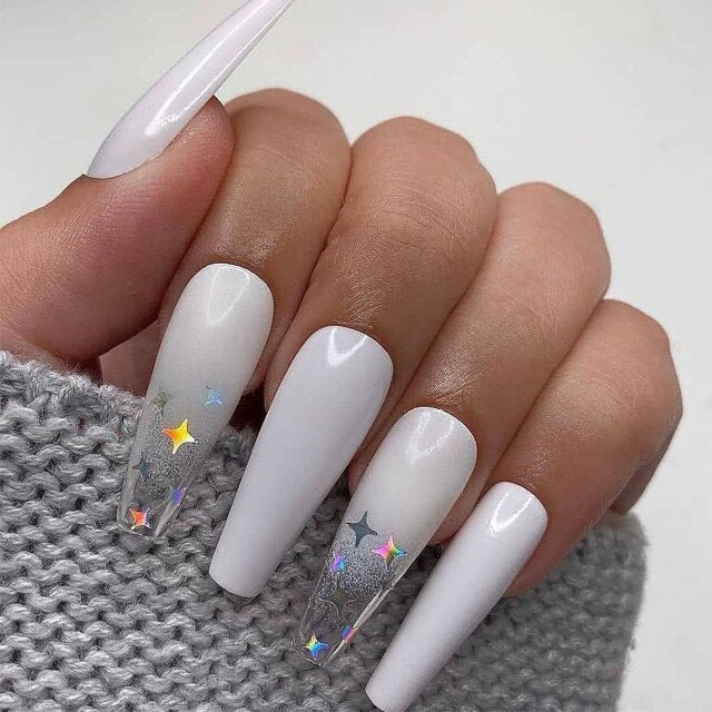 Qfdian  White Christmas Beautiful Press On Nails with Glitter Snowflakes Design False Nail Art Coffin Long Festival Family Party 24pcs