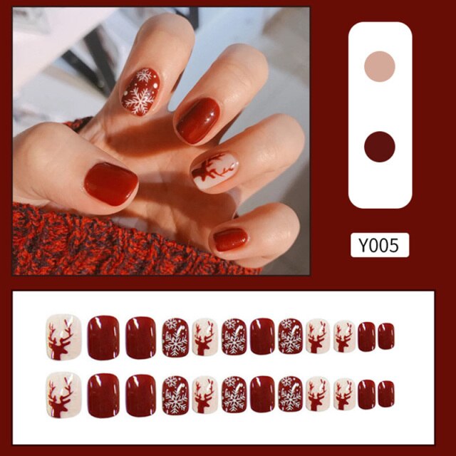 Qfdian valentines day gifts for her  24pcs false nails rhinestone shiny pattern heart flower geometric wear finished nail removable Manicure elk Christmas fake nails