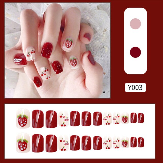 Qfdian valentines day gifts for her  24pcs false nails rhinestone shiny pattern heart flower geometric wear finished nail removable Manicure elk Christmas fake nails