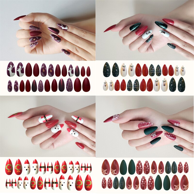 Qfdian Christmas decor ideas New 24Pcs/sheet Christmas designs Acrylic Full Cover Artificial Fake Nails DIY Ladies Press On Designed Nail Tips free tape