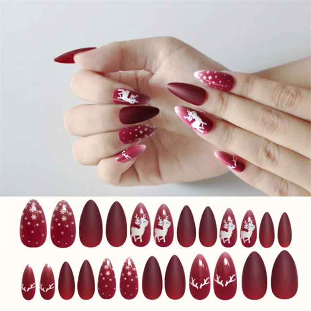 Qfdian Christmas decor ideas New 24Pcs/sheet Christmas designs Acrylic Full Cover Artificial Fake Nails DIY Ladies Press On Designed Nail Tips free tape