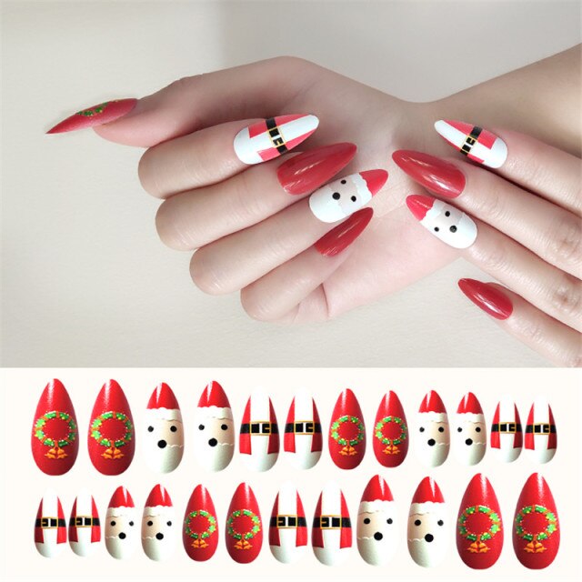 Qfdian Christmas decor ideas New 24Pcs/sheet Christmas designs Acrylic Full Cover Artificial Fake Nails DIY Ladies Press On Designed Nail Tips free tape