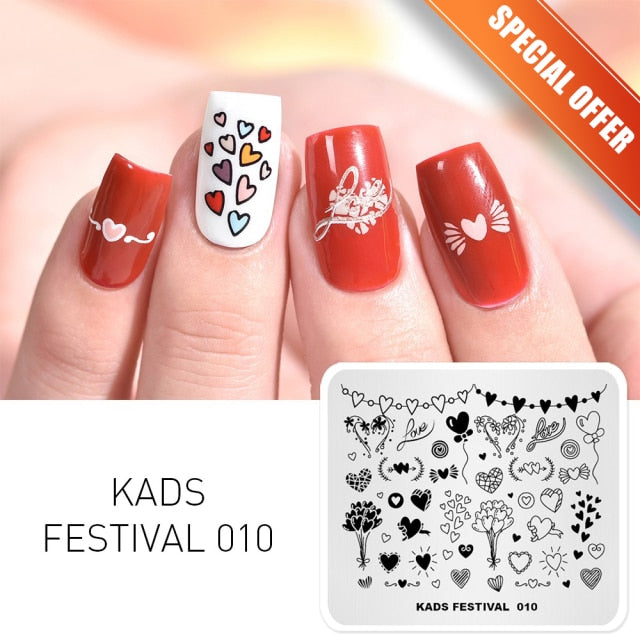 Qfdian valentines day decoration  Nail Art Valentines Day Nail Stamping Plates Heart Image Stamp Template Christmas Flower Nature Nail Stencils Plate Set