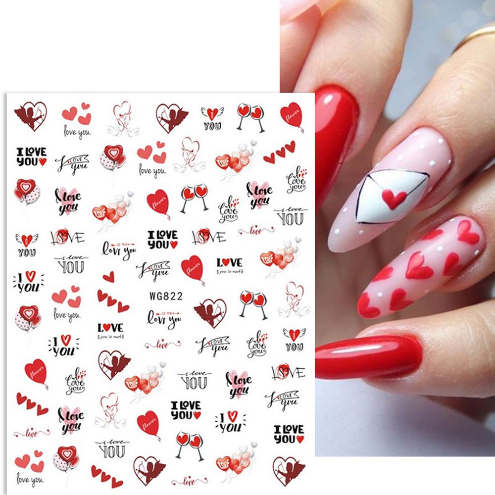 Qfdian valentines day decoration Girls Wine glass English Letter Heart Nail Decals Nail Art Decorations Manicure Accessories Valentine Day Nail Stickers