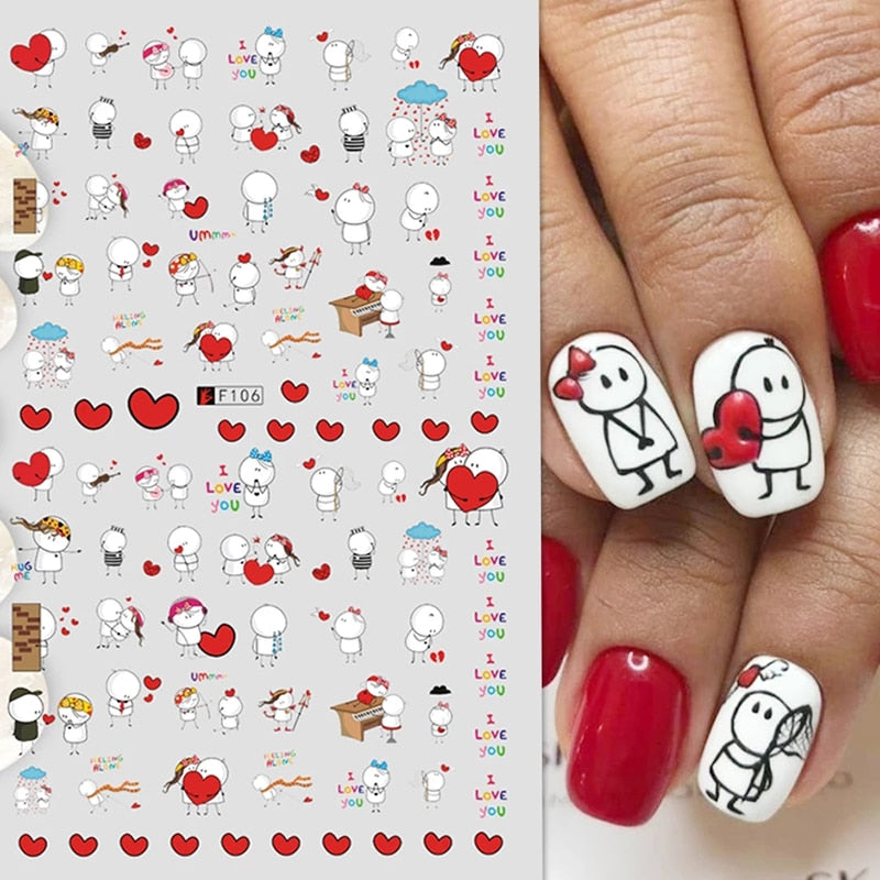 Qfdian decoration Valentines day 3d sticker adorable cartoon lovers nails gang girl design decals manicure art decoration