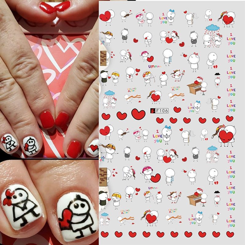 Qfdian decoration Valentines day 3d sticker adorable cartoon lovers nails gang girl design decals manicure art decoration