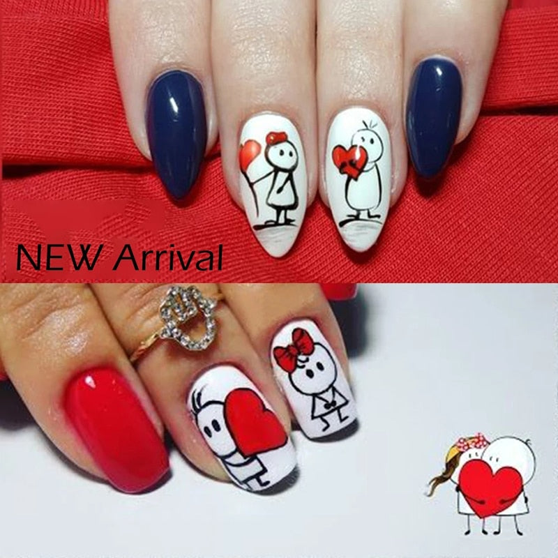 Qfdian decoration Valentines day 3d sticker adorable cartoon lovers nails gang girl design decals manicure art decoration