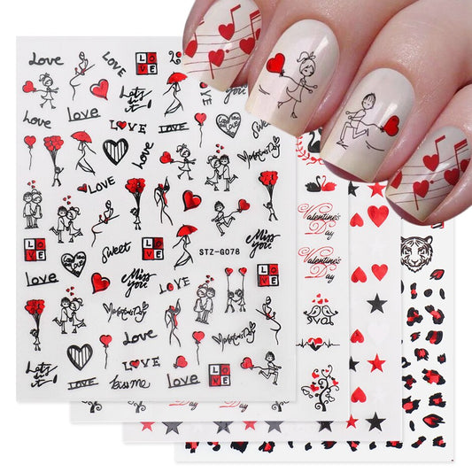 Qfdian valentines day decoration Romantic Valentines Day Nails Love Rose Leopard Flower Laser 3D Nail Sticker Decals Nail Design for Adhesive Wraps GLSTZG068-085