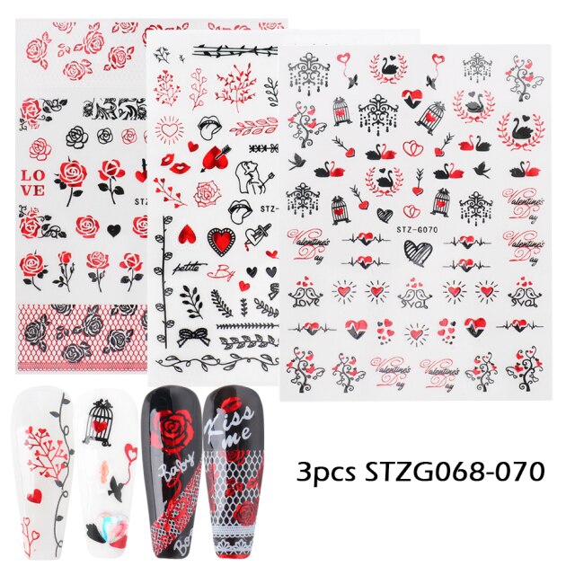 Qfdian valentines day decoration Romantic Valentines Day Nails Love Rose Leopard Flower Laser 3D Nail Sticker Decals Nail Design for Adhesive Wraps GLSTZG068-085