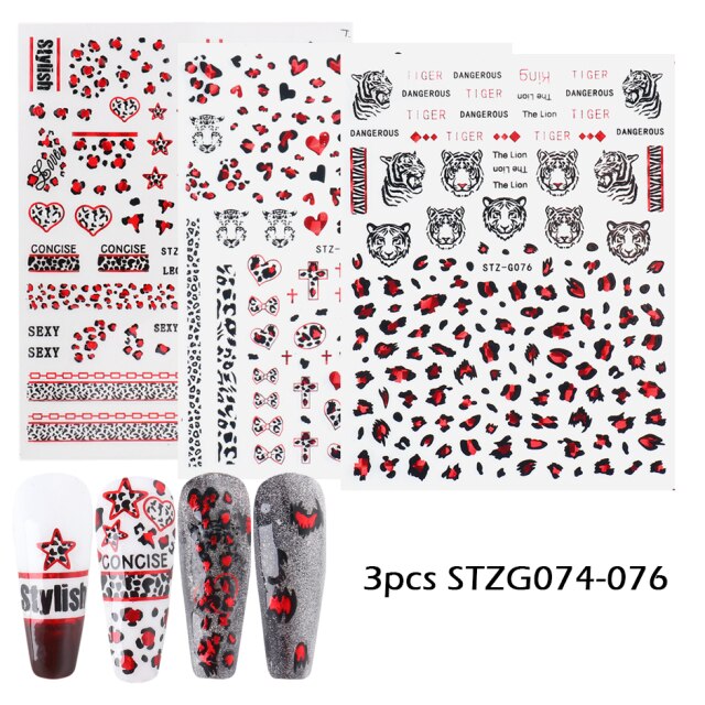 Qfdian valentines day decoration Romantic Valentines Day Nails Love Rose Leopard Flower Laser 3D Nail Sticker Decals Nail Design for Adhesive Wraps GLSTZG068-085