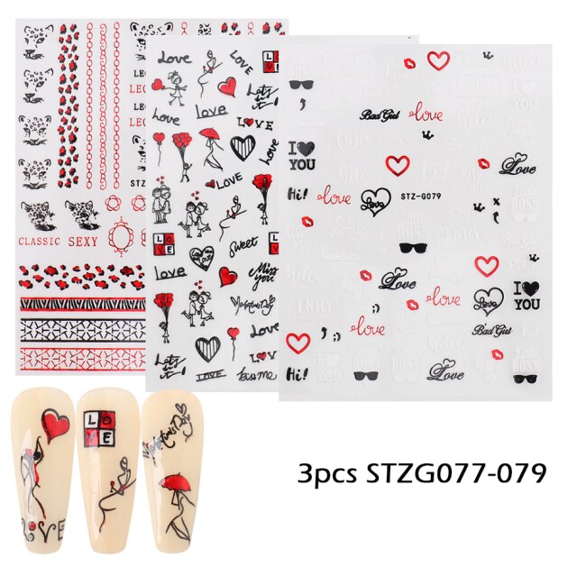 Qfdian valentines day decoration Romantic Valentines Day Nails Love Rose Leopard Flower Laser 3D Nail Sticker Decals Nail Design for Adhesive Wraps GLSTZG068-085