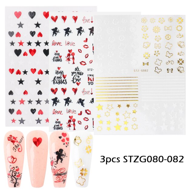 Qfdian valentines day decoration Romantic Valentines Day Nails Love Rose Leopard Flower Laser 3D Nail Sticker Decals Nail Design for Adhesive Wraps GLSTZG068-085