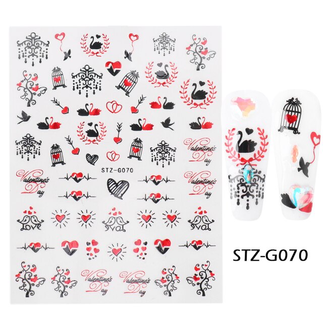 Qfdian valentines day decoration Romantic Valentines Day Nails Love Rose Leopard Flower Laser 3D Nail Sticker Decals Nail Design for Adhesive Wraps GLSTZG068-085