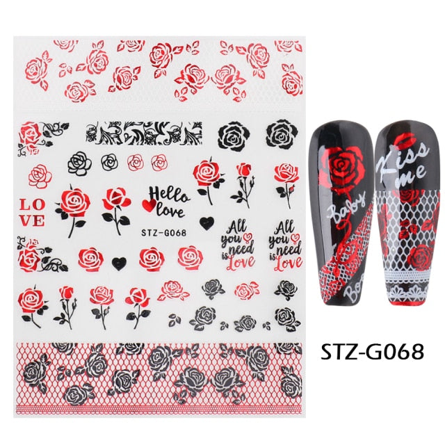 Qfdian valentines day decoration Romantic Valentines Day Nails Love Rose Leopard Flower Laser 3D Nail Sticker Decals Nail Design for Adhesive Wraps GLSTZG068-085