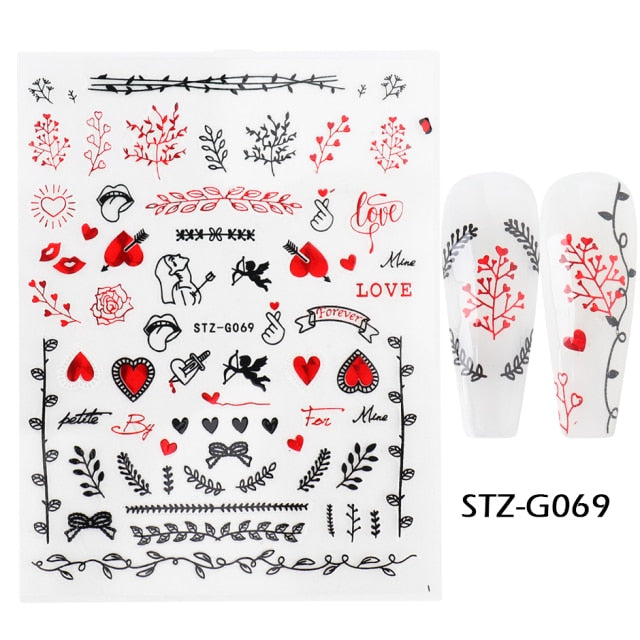 Qfdian valentines day decoration Romantic Valentines Day Nails Love Rose Leopard Flower Laser 3D Nail Sticker Decals Nail Design for Adhesive Wraps GLSTZG068-085