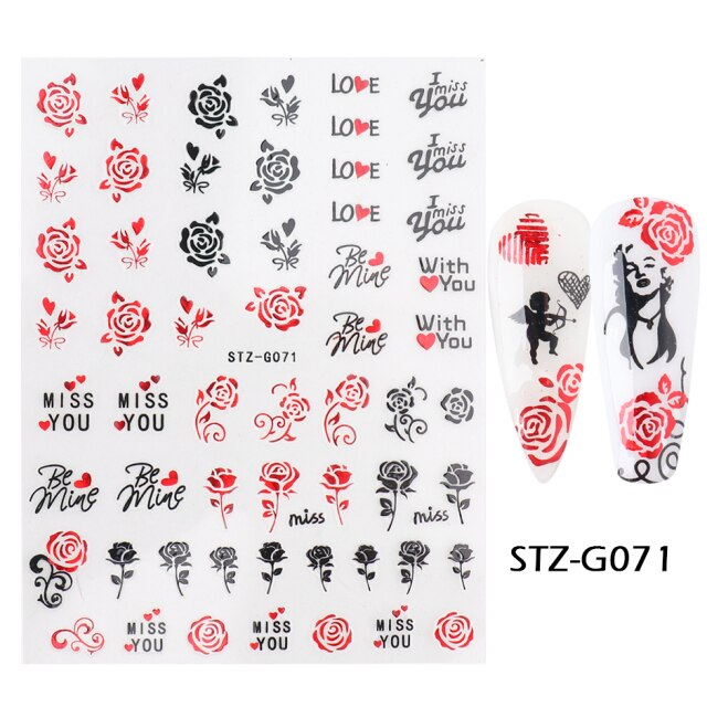 Qfdian valentines day decoration Romantic Valentines Day Nails Love Rose Leopard Flower Laser 3D Nail Sticker Decals Nail Design for Adhesive Wraps GLSTZG068-085