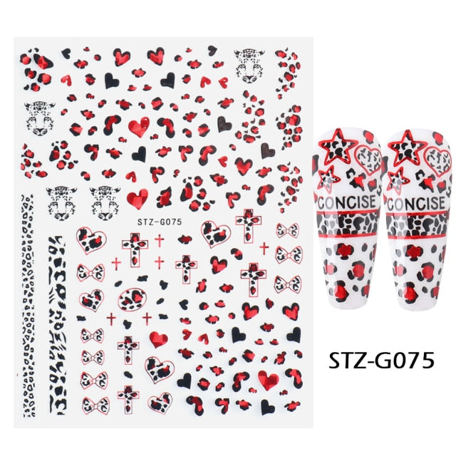 Qfdian valentines day decoration Romantic Valentines Day Nails Love Rose Leopard Flower Laser 3D Nail Sticker Decals Nail Design for Adhesive Wraps GLSTZG068-085