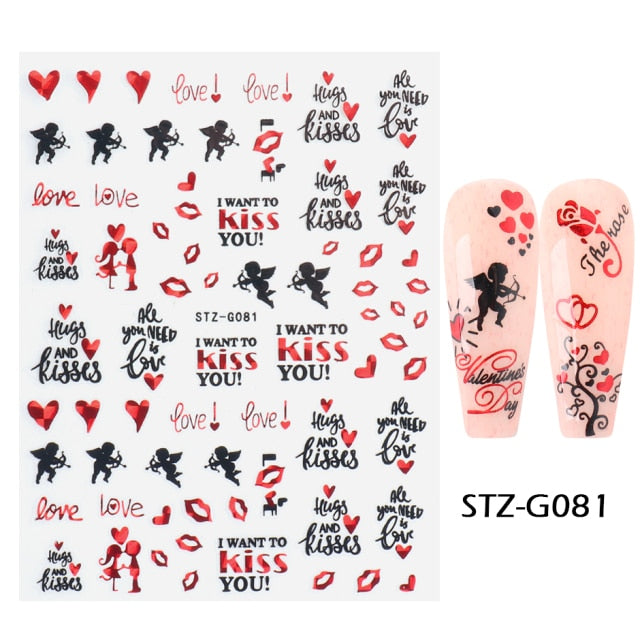 Qfdian valentines day decoration Romantic Valentines Day Nails Love Rose Leopard Flower Laser 3D Nail Sticker Decals Nail Design for Adhesive Wraps GLSTZG068-085