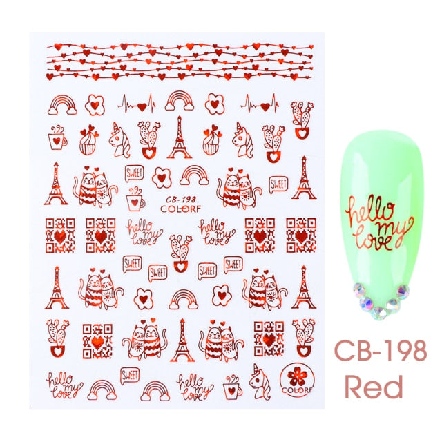 Qfdian valentines day decoration Romantic Valentines Day Nails Love Rose Leopard Flower Laser 3D Nail Sticker Decals Nail Design for Adhesive Wraps GLSTZG068-085