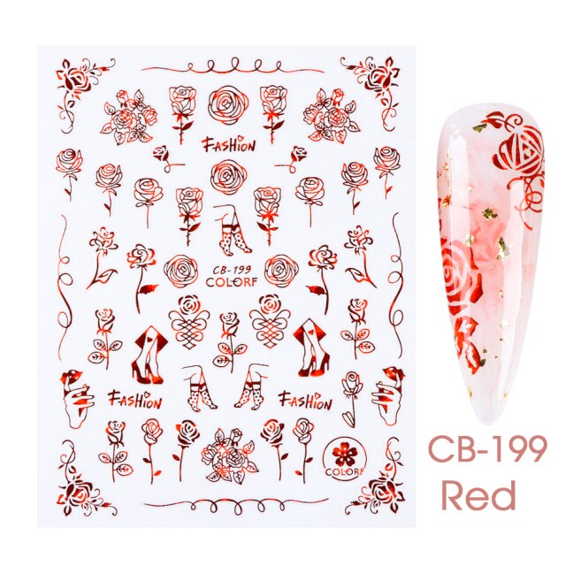 Qfdian valentines day decoration Romantic Valentines Day Nails Love Rose Leopard Flower Laser 3D Nail Sticker Decals Nail Design for Adhesive Wraps GLSTZG068-085