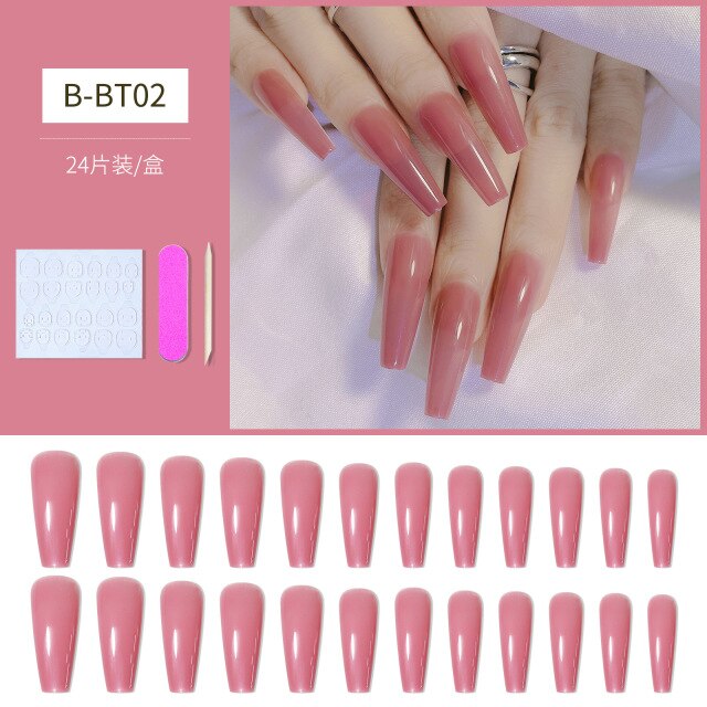 Qfdian valentines day gifts 24pcs/Set Gradient False Nails French Ballet Nails With Jelly Gum Ballerina Coffin Fake Nails Press On Nail Tips Valentines Day