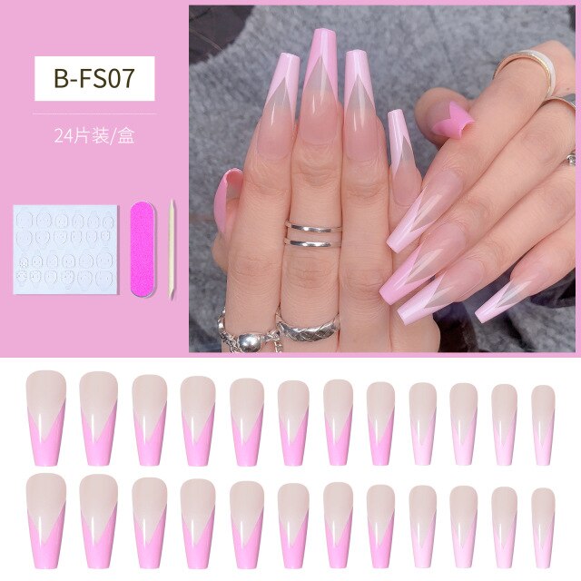 Qfdian valentines day gifts 24pcs/Set Gradient False Nails French Ballet Nails With Jelly Gum Ballerina Coffin Fake Nails Press On Nail Tips Valentines Day