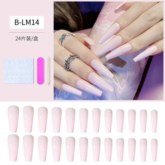 Qfdian valentines day gifts 24pcs/Set Gradient False Nails French Ballet Nails With Jelly Gum Ballerina Coffin Fake Nails Press On Nail Tips Valentines Day